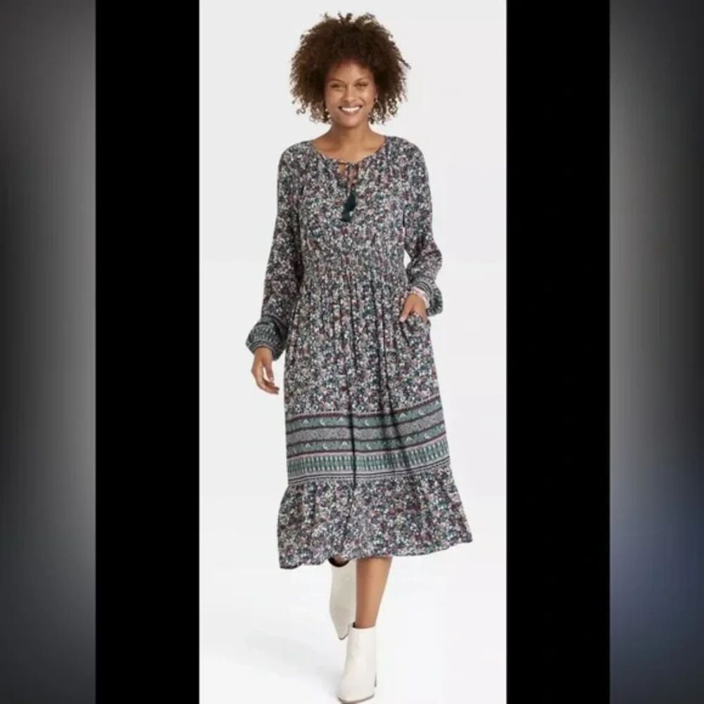 Knox Rose Floral Midi DressSize M Long Sleeve Tiered Cottagecore Prairie Green